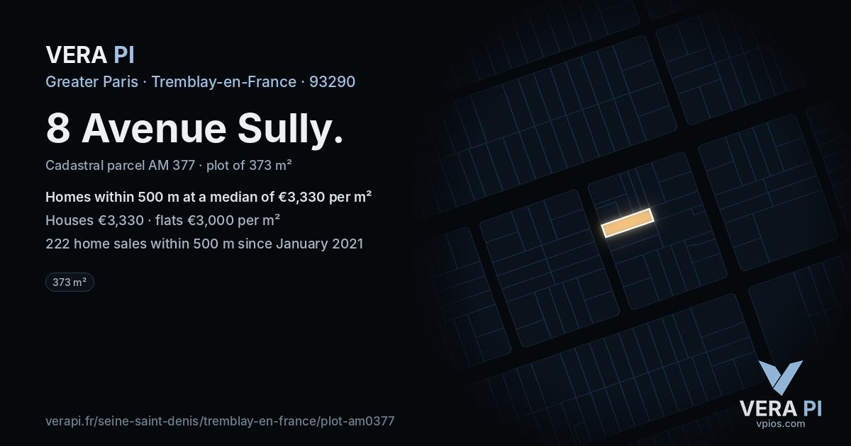 8 Avenue Sully, Tremblay-en-France at night – the plot lit, the parcels around coloured by the prices near them