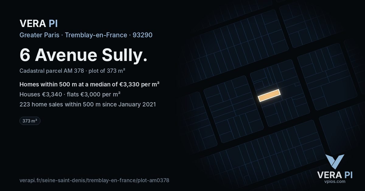 6 Avenue Sully, Tremblay-en-France at night – the plot lit, the parcels around coloured by the prices near them