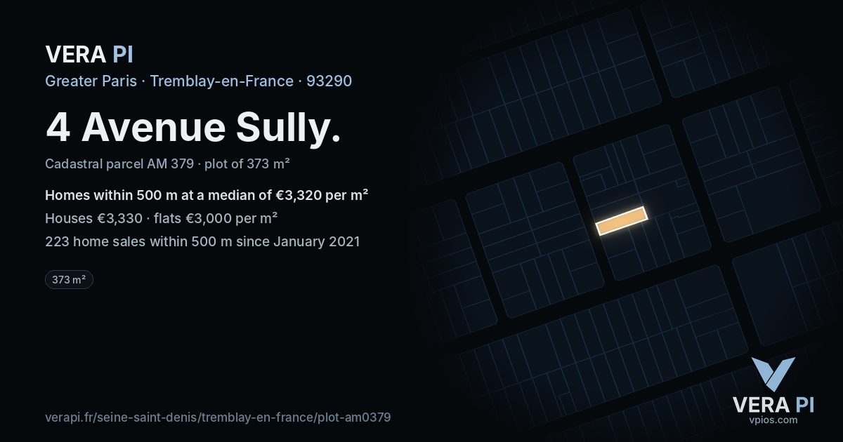 4 Avenue Sully, Tremblay-en-France at night – the plot lit, the parcels around coloured by the prices near them