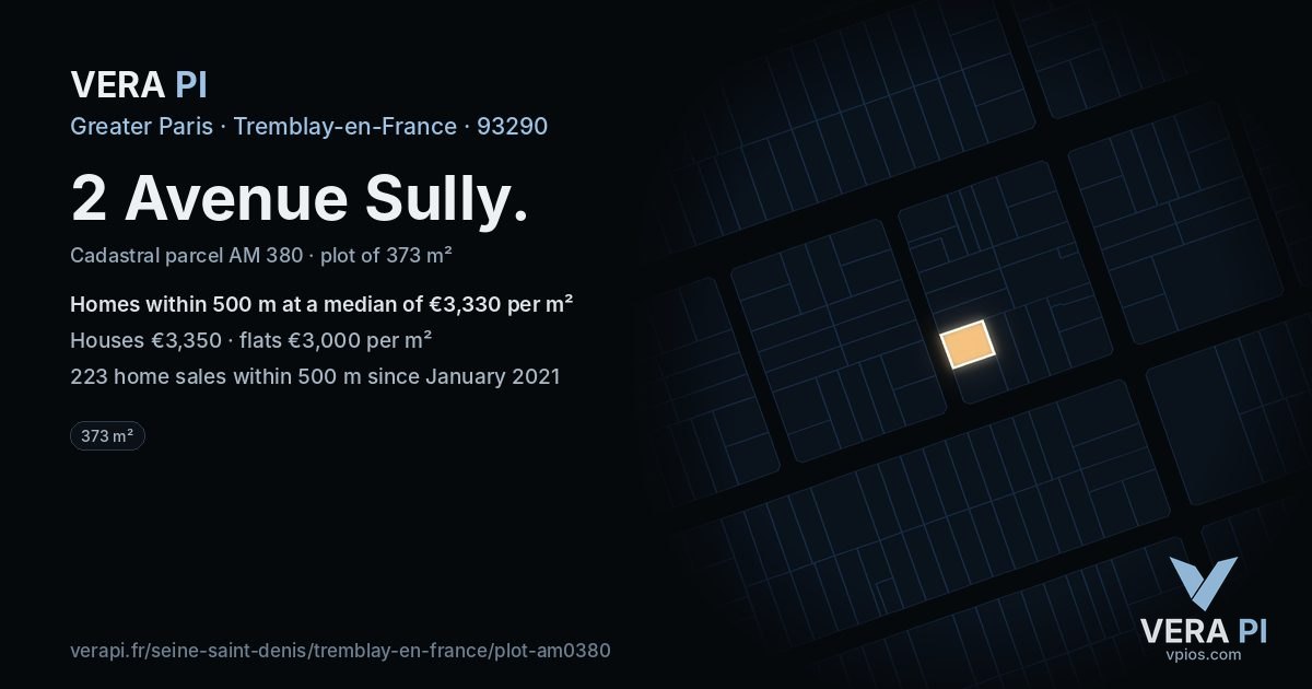 2 Avenue Sully, Tremblay-en-France at night – the plot lit, the parcels around coloured by the prices near them