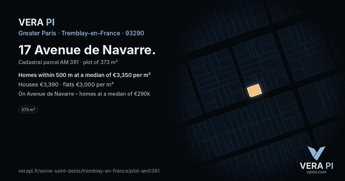 17 Avenue de Navarre, Tremblay-en-France at night – the plot lit, the parcels around coloured by the prices near them
