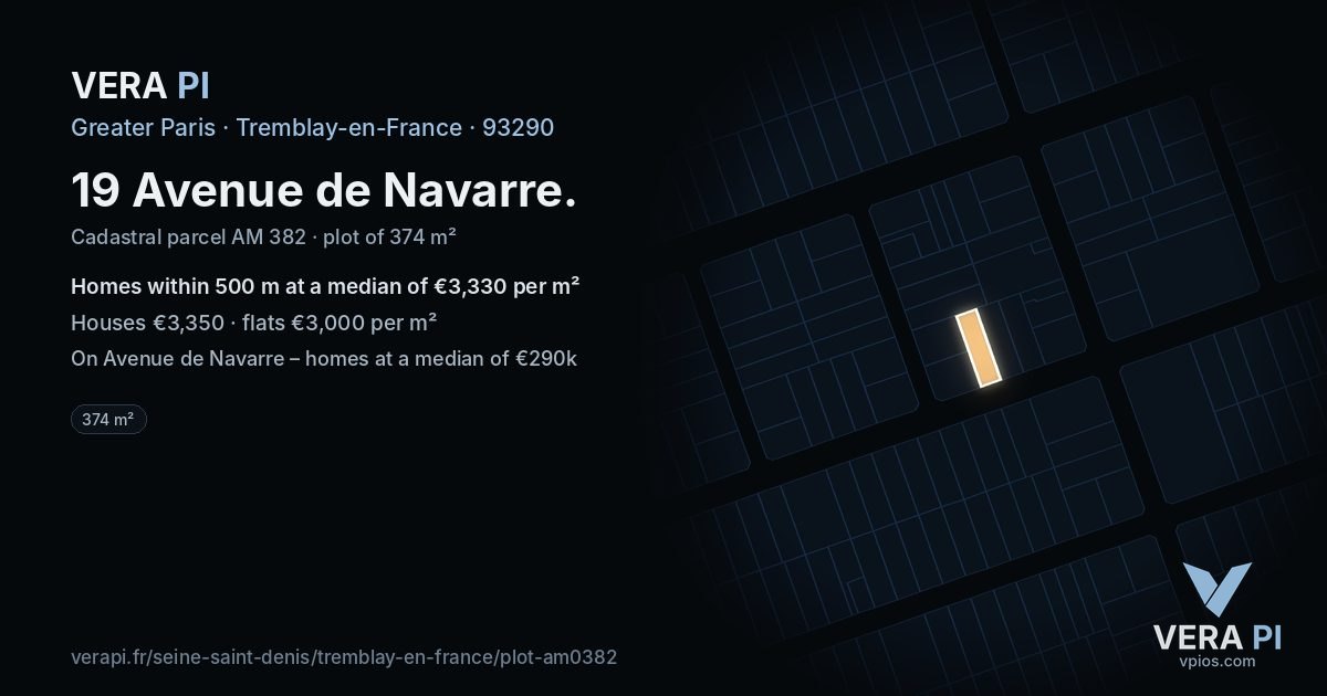 19 Avenue de Navarre, Tremblay-en-France at night – the plot lit, the parcels around coloured by the prices near them
