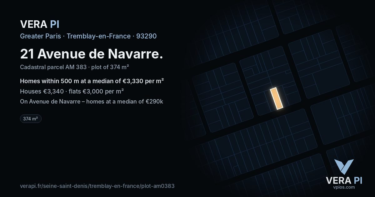21 Avenue de Navarre, Tremblay-en-France at night – the plot lit, the parcels around coloured by the prices near them