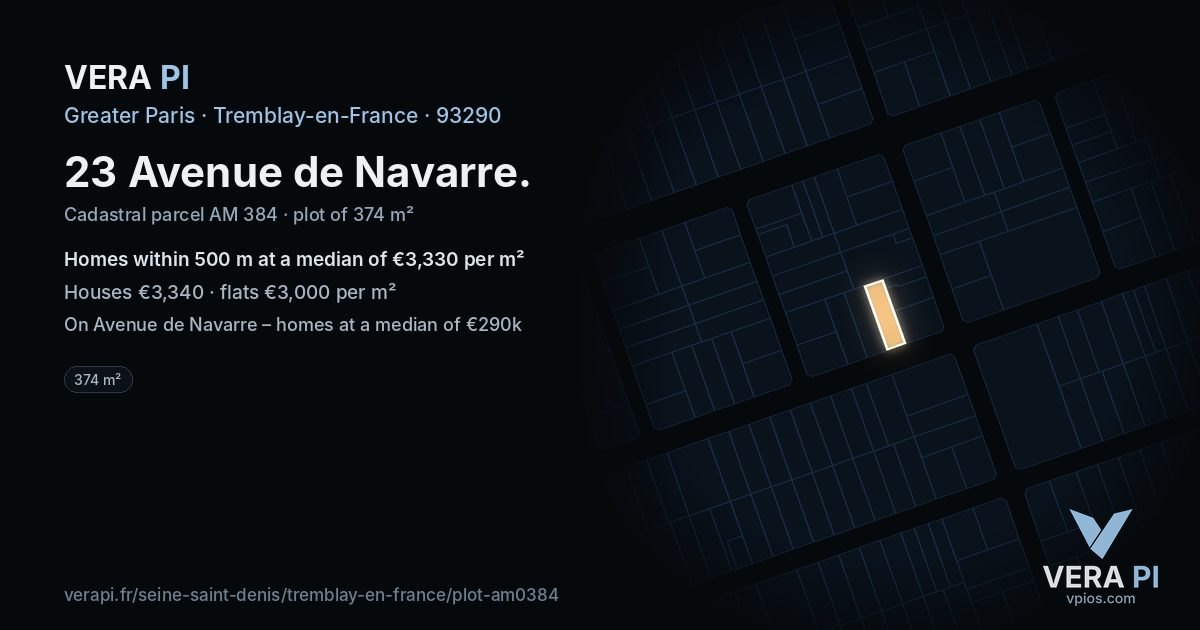 23 Avenue de Navarre, Tremblay-en-France at night – the plot lit, the parcels around coloured by the prices near them