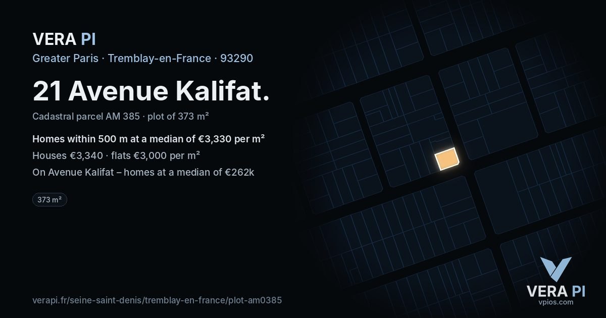 21 Avenue Kalifat, Tremblay-en-France at night – the plot lit, the parcels around coloured by the prices near them