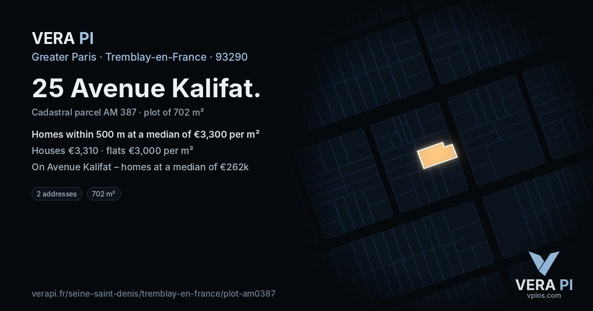 25 Avenue Kalifat, Tremblay-en-France at night – the plot lit, the parcels around coloured by the prices near them