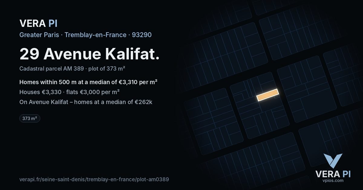 29 Avenue Kalifat, Tremblay-en-France at night – the plot lit, the parcels around coloured by the prices near them