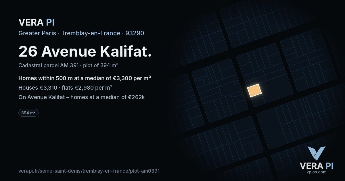26 Avenue Kalifat, Tremblay-en-France at night – the plot lit, the parcels around coloured by the prices near them