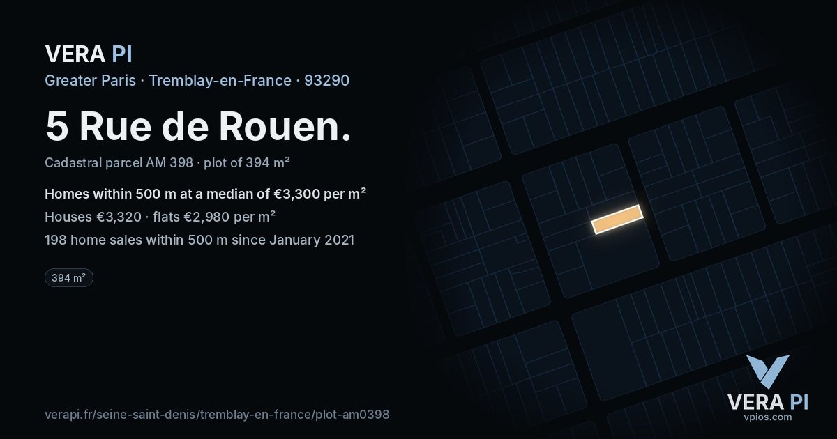 5 Rue de Rouen, Tremblay-en-France at night – the plot lit, the parcels around coloured by the prices near them