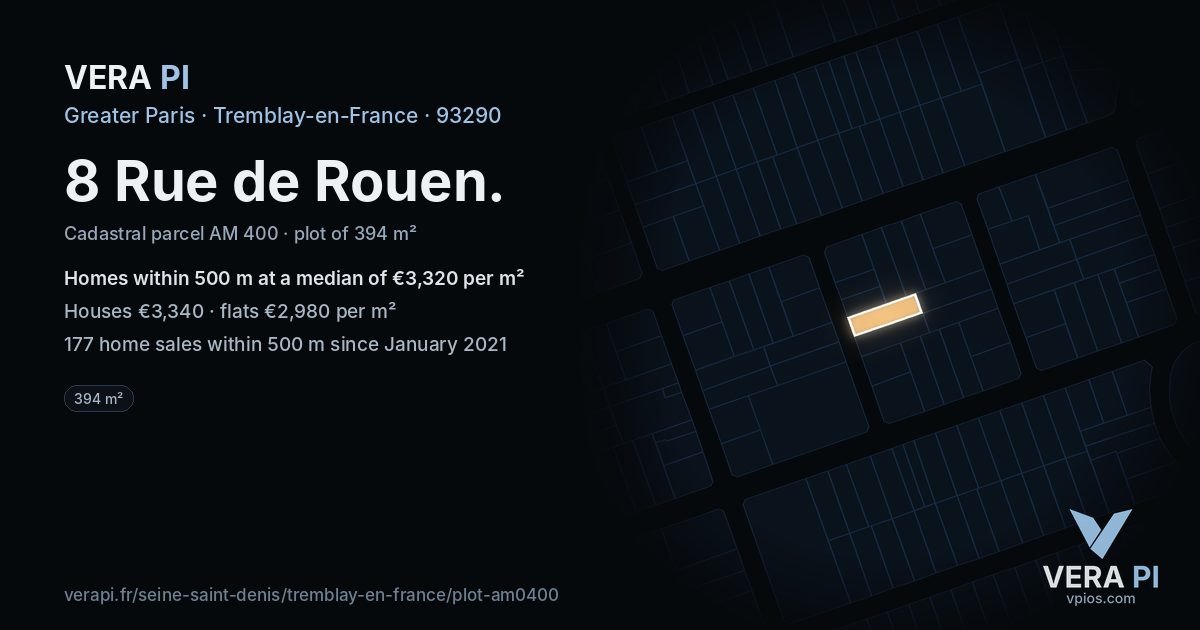 8 Rue de Rouen, Tremblay-en-France at night – the plot lit, the parcels around coloured by the prices near them
