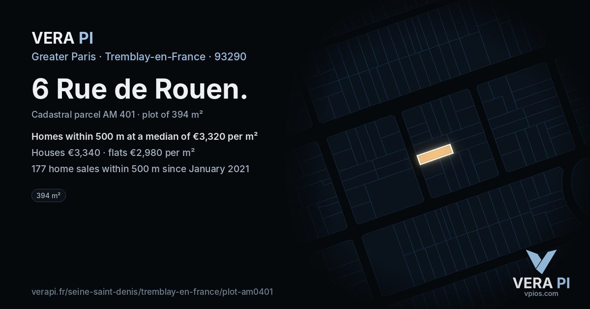 6 Rue de Rouen, Tremblay-en-France at night – the plot lit, the parcels around coloured by the prices near them