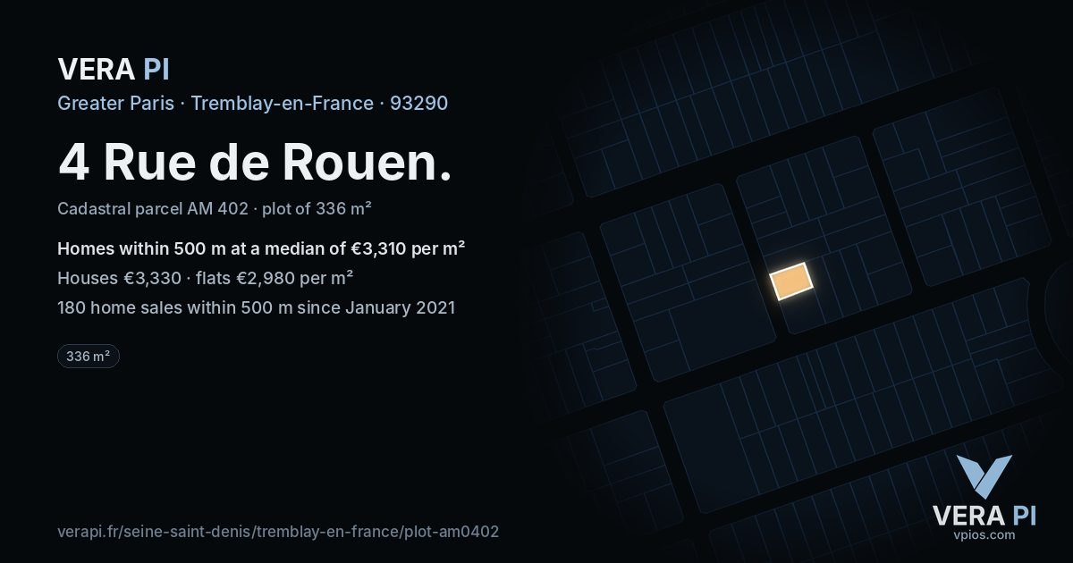 4 Rue de Rouen, Tremblay-en-France at night – the plot lit, the parcels around coloured by the prices near them