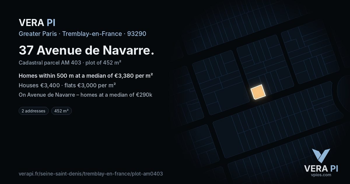 37 Avenue de Navarre, Tremblay-en-France at night – the plot lit, the parcels around coloured by the prices near them