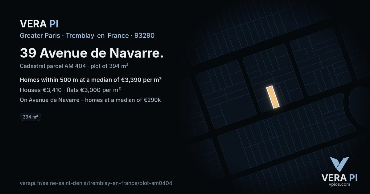 39 Avenue de Navarre, Tremblay-en-France at night – the plot lit, the parcels around coloured by the prices near them