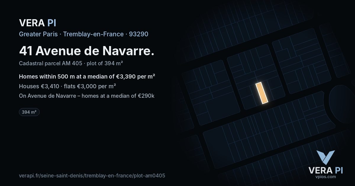41 Avenue de Navarre, Tremblay-en-France at night – the plot lit, the parcels around coloured by the prices near them
