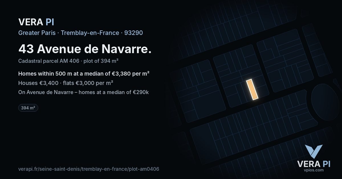 43 Avenue de Navarre, Tremblay-en-France at night – the plot lit, the parcels around coloured by the prices near them