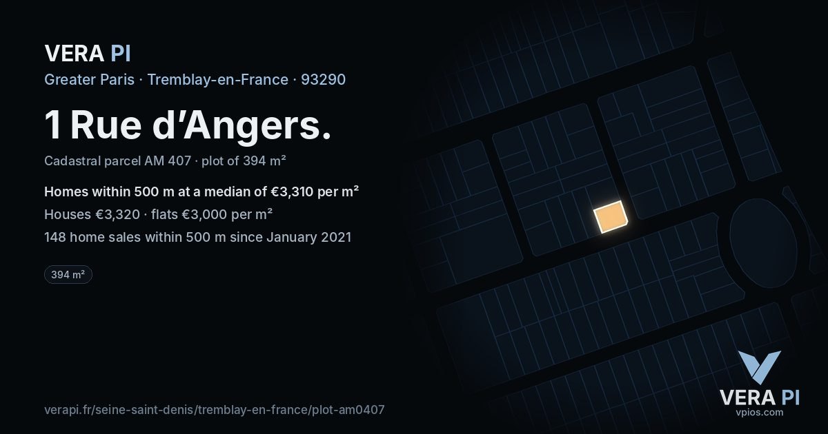1 Rue d’Angers, Tremblay-en-France at night – the plot lit, the parcels around coloured by the prices near them