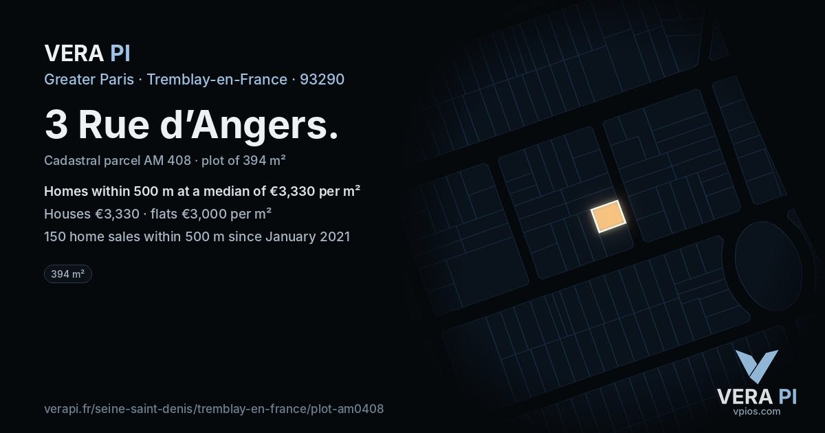 3 Rue d’Angers, Tremblay-en-France at night – the plot lit, the parcels around coloured by the prices near them