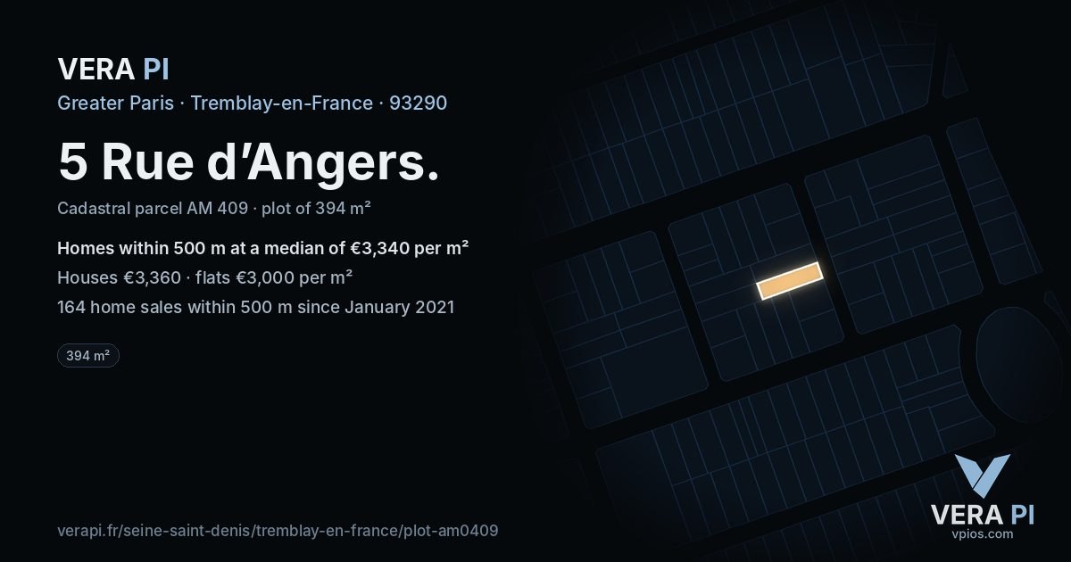 5 Rue d’Angers, Tremblay-en-France at night – the plot lit, the parcels around coloured by the prices near them