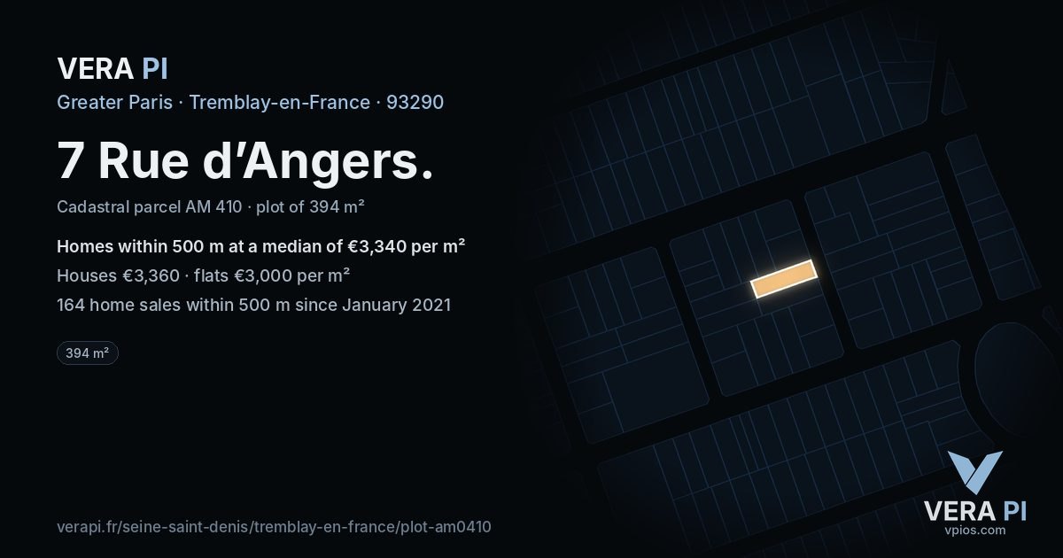 7 Rue d’Angers, Tremblay-en-France at night – the plot lit, the parcels around coloured by the prices near them