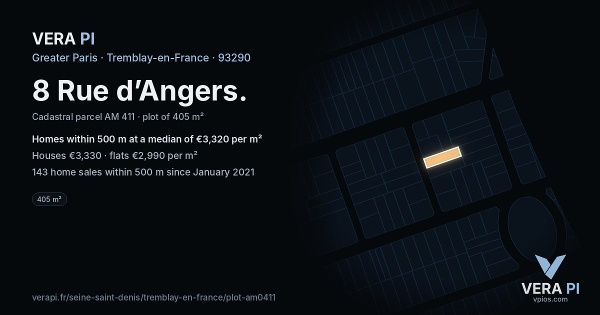 8 Rue d’Angers, Tremblay-en-France at night – the plot lit, the parcels around coloured by the prices near them