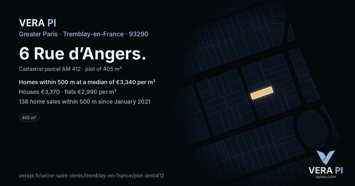 6 Rue d’Angers, Tremblay-en-France at night – the plot lit, the parcels around coloured by the prices near them