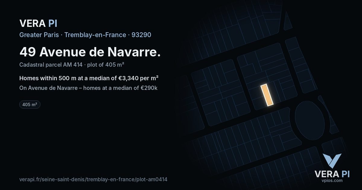49 Avenue de Navarre, Tremblay-en-France at night – the plot lit, the parcels around coloured by the prices near them