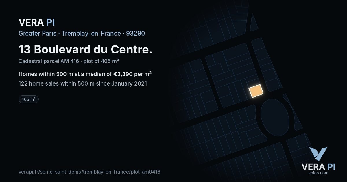 13 Boulevard du Centre, Tremblay-en-France at night – the plot lit, the parcels around coloured by the prices near them