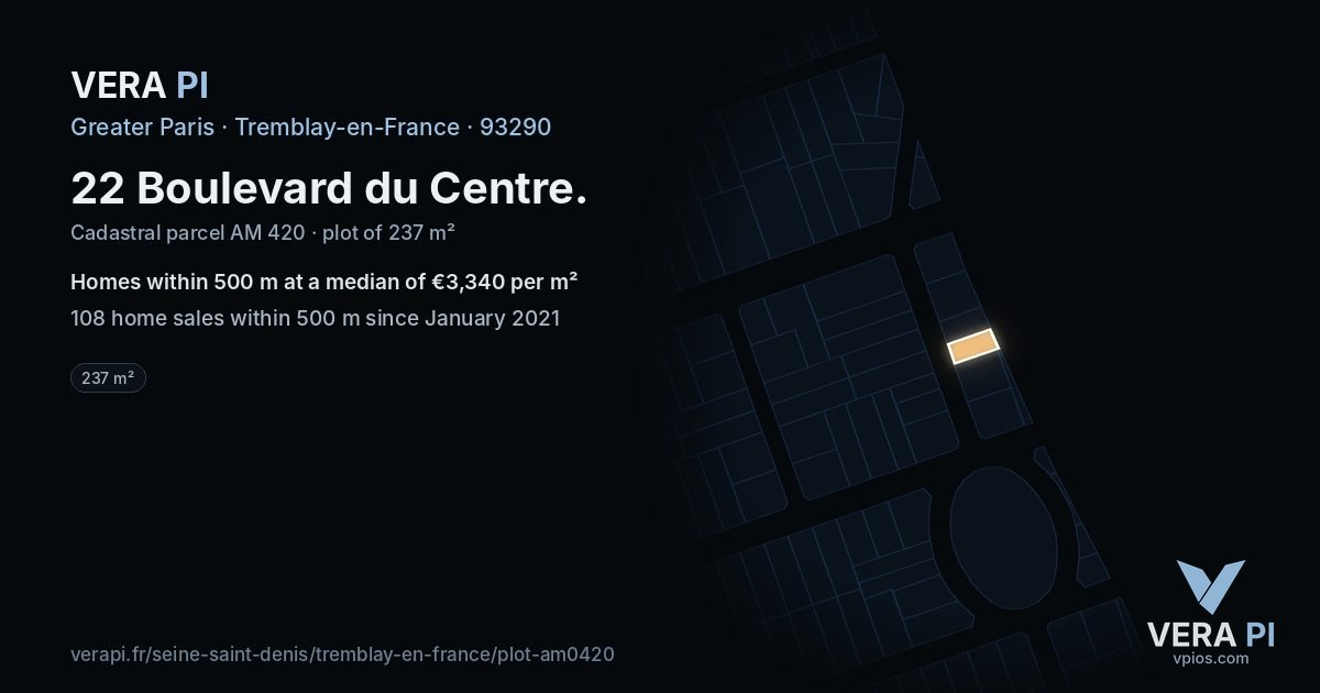 22 Boulevard du Centre, Tremblay-en-France at night – the plot lit, the parcels around coloured by the prices near them