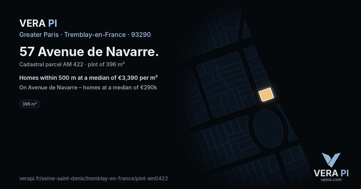 57 Avenue de Navarre, Tremblay-en-France at night – the plot lit, the parcels around coloured by the prices near them