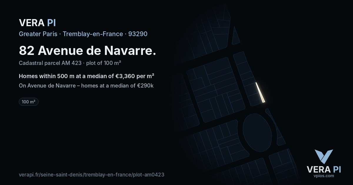 82 Avenue de Navarre, Tremblay-en-France at night – the plot lit, the parcels around coloured by the prices near them