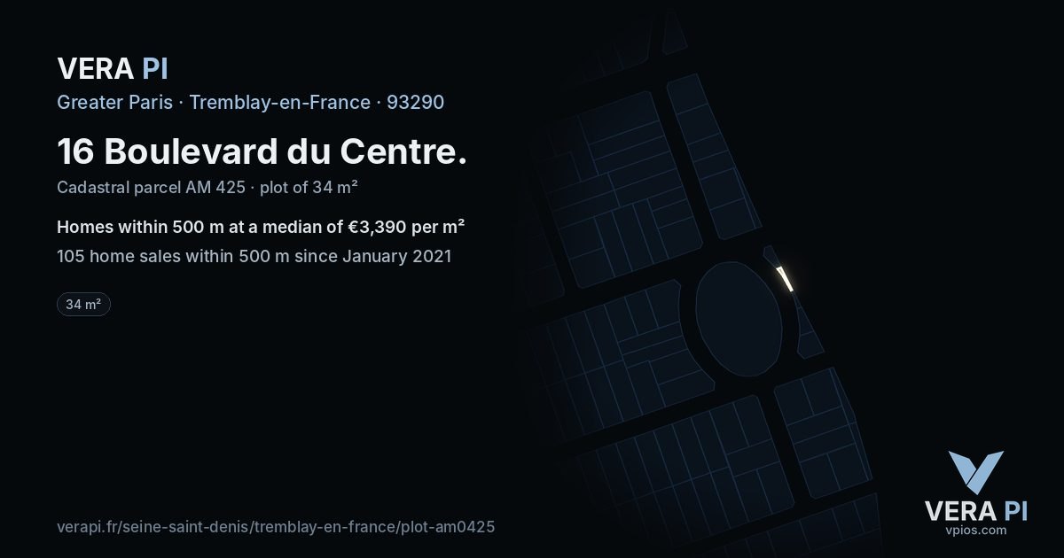 16 Boulevard du Centre, Tremblay-en-France at night – the plot lit, the parcels around coloured by the prices near them