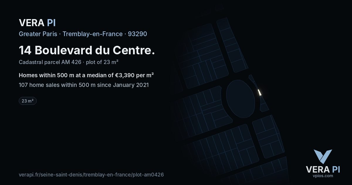 14 Boulevard du Centre, Tremblay-en-France at night – the plot lit, the parcels around coloured by the prices near them
