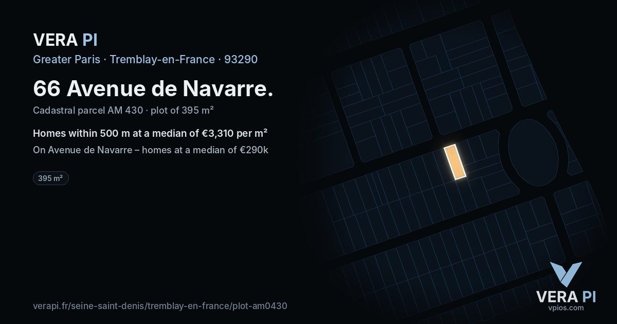 66 Avenue de Navarre, Tremblay-en-France at night – the plot lit, the parcels around coloured by the prices near them