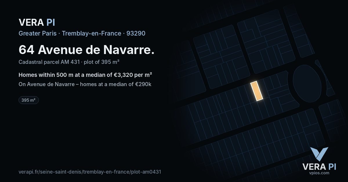 64 Avenue de Navarre, Tremblay-en-France at night – the plot lit, the parcels around coloured by the prices near them
