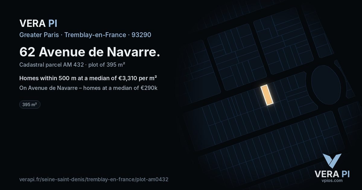 62 Avenue de Navarre, Tremblay-en-France at night – the plot lit, the parcels around coloured by the prices near them