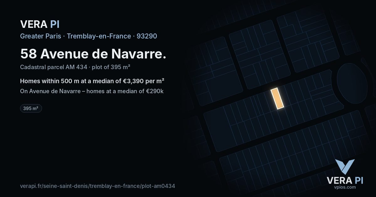 58 Avenue de Navarre, Tremblay-en-France at night – the plot lit, the parcels around coloured by the prices near them