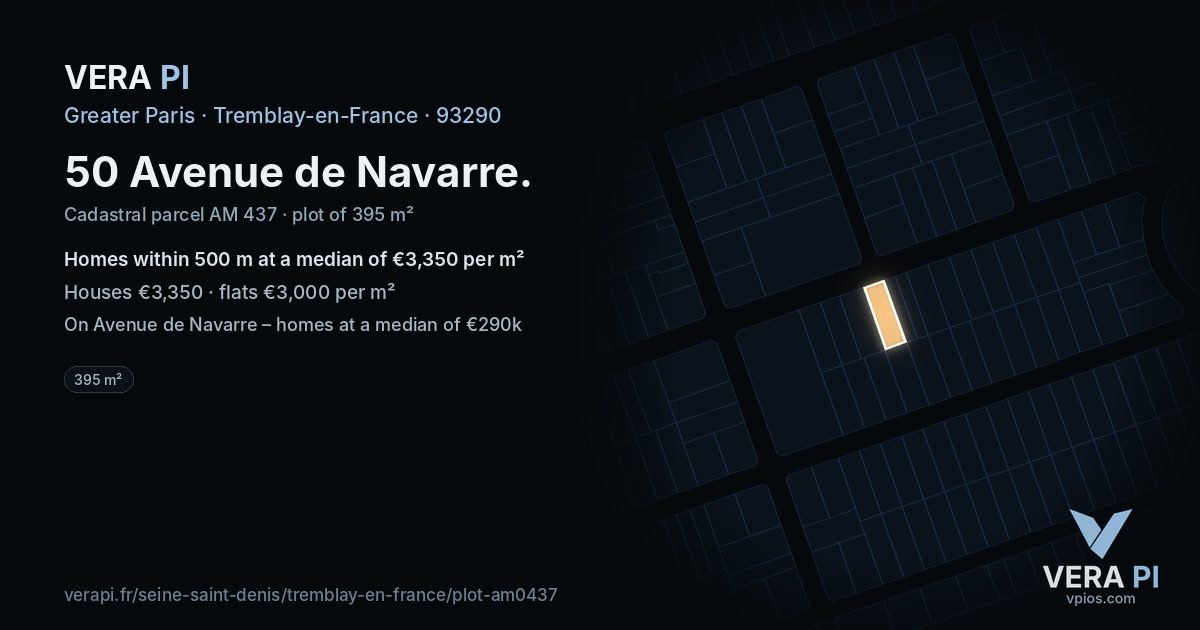 50 Avenue de Navarre, Tremblay-en-France at night – the plot lit, the parcels around coloured by the prices near them