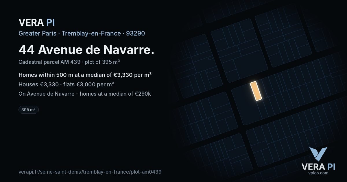 44 Avenue de Navarre, Tremblay-en-France at night – the plot lit, the parcels around coloured by the prices near them