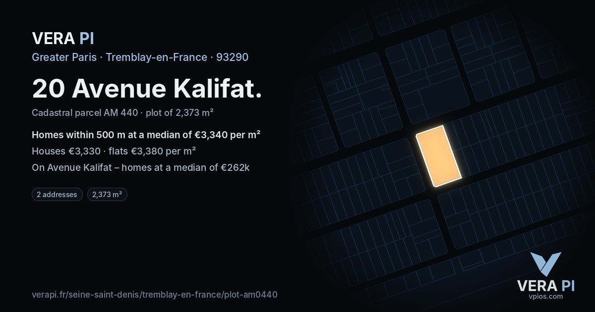 20 Avenue Kalifat, Tremblay-en-France at night – the plot lit, the parcels around coloured by the prices near them