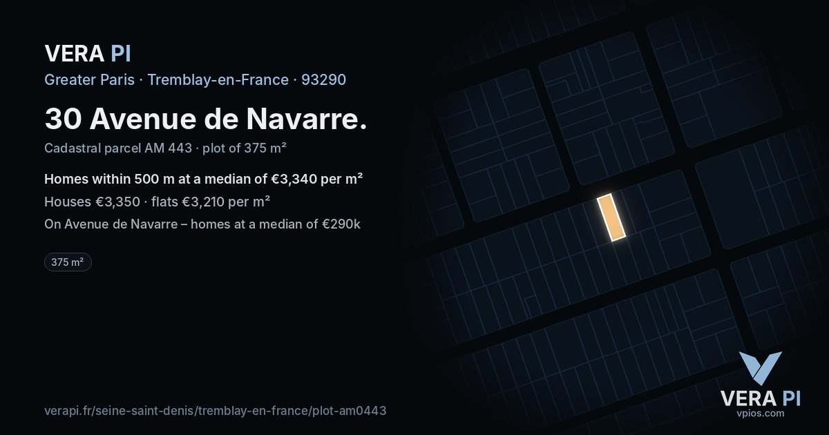 30 Avenue de Navarre, Tremblay-en-France at night – the plot lit, the parcels around coloured by the prices near them