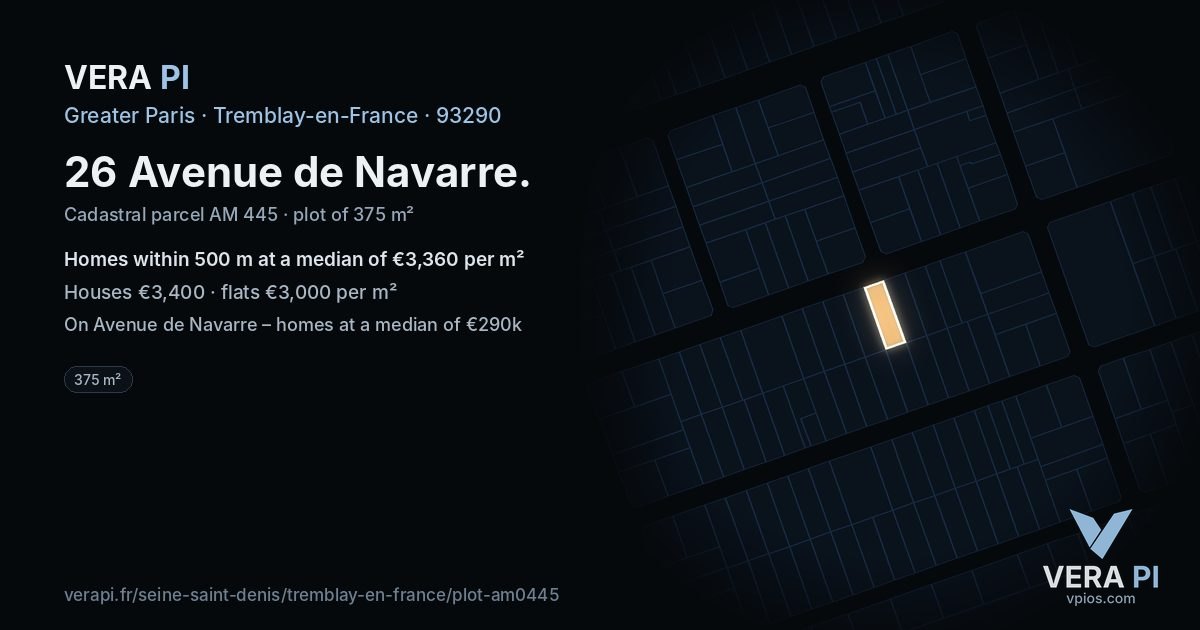 26 Avenue de Navarre, Tremblay-en-France at night – the plot lit, the parcels around coloured by the prices near them