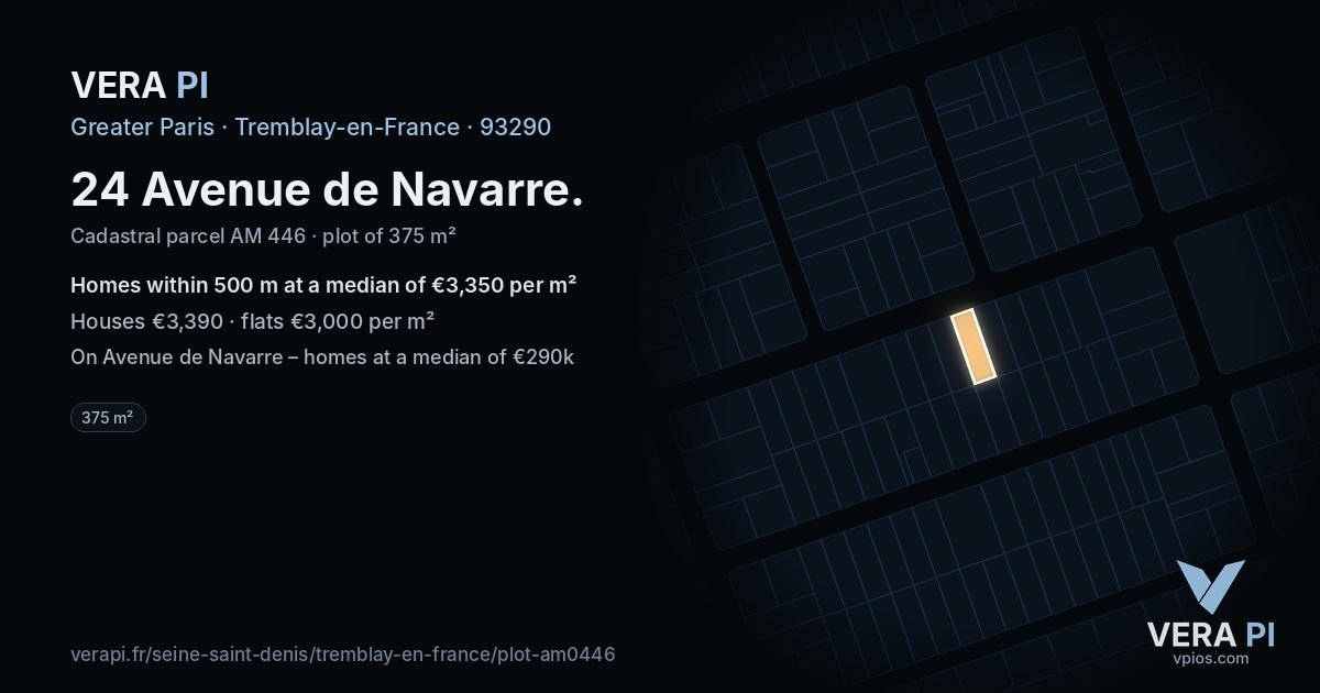 24 Avenue de Navarre, Tremblay-en-France at night – the plot lit, the parcels around coloured by the prices near them