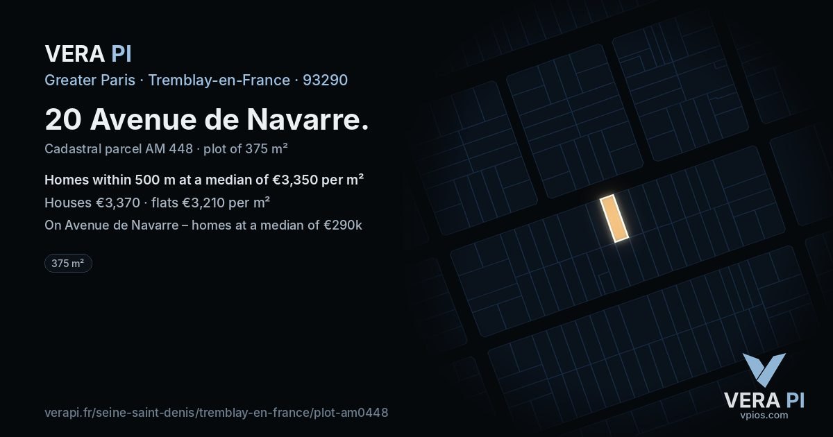 20 Avenue de Navarre, Tremblay-en-France at night – the plot lit, the parcels around coloured by the prices near them