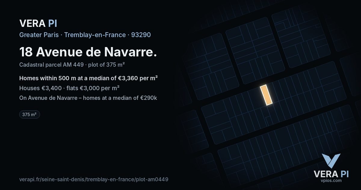 18 Avenue de Navarre, Tremblay-en-France at night – the plot lit, the parcels around coloured by the prices near them