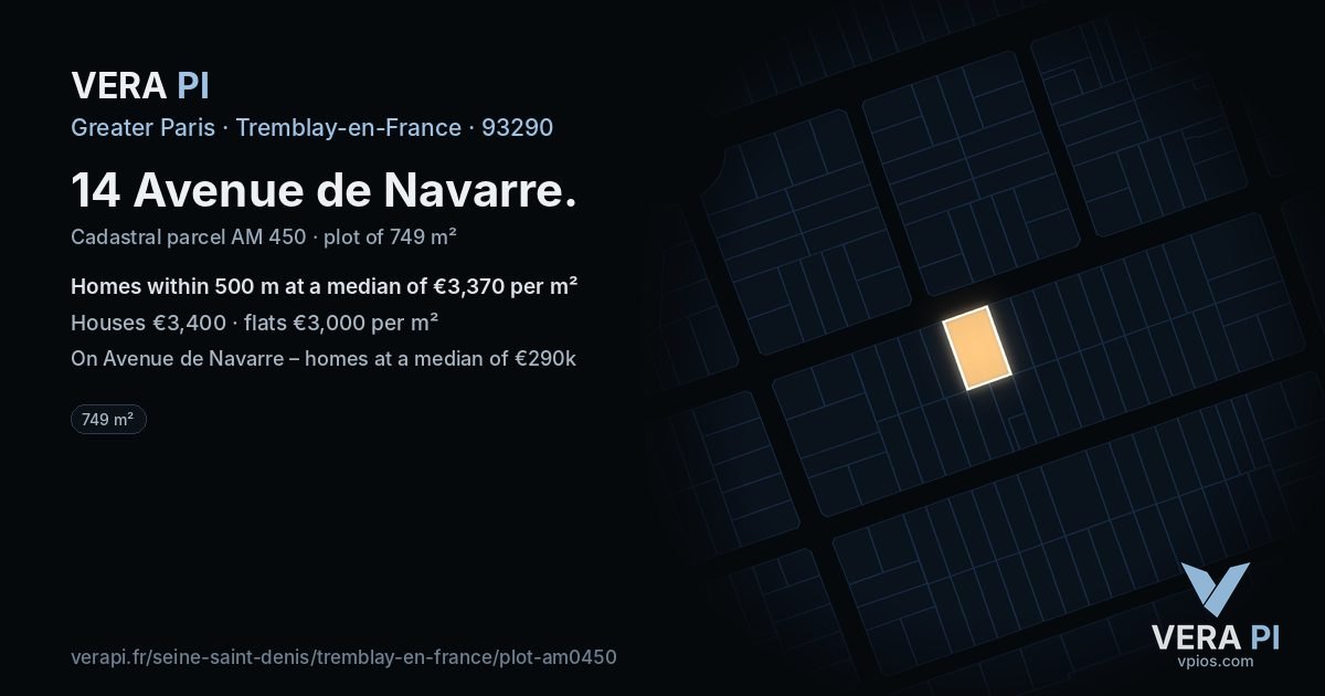 14 Avenue de Navarre, Tremblay-en-France at night – the plot lit, the parcels around coloured by the prices near them