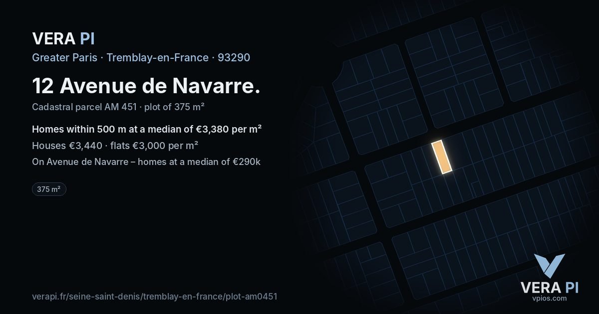 12 Avenue de Navarre, Tremblay-en-France at night – the plot lit, the parcels around coloured by the prices near them