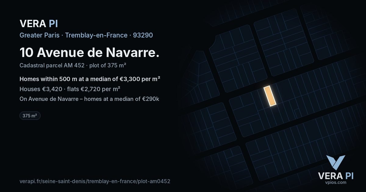 10 Avenue de Navarre, Tremblay-en-France at night – the plot lit, the parcels around coloured by the prices near them