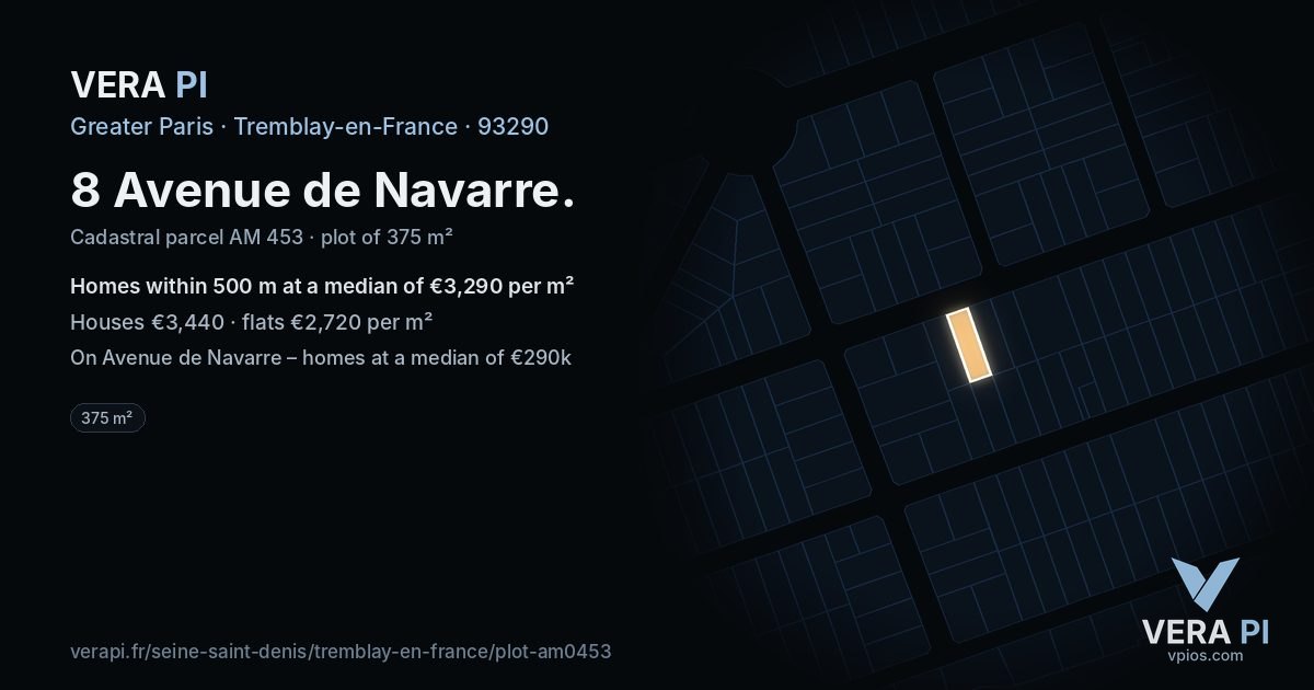 8 Avenue de Navarre, Tremblay-en-France at night – the plot lit, the parcels around coloured by the prices near them