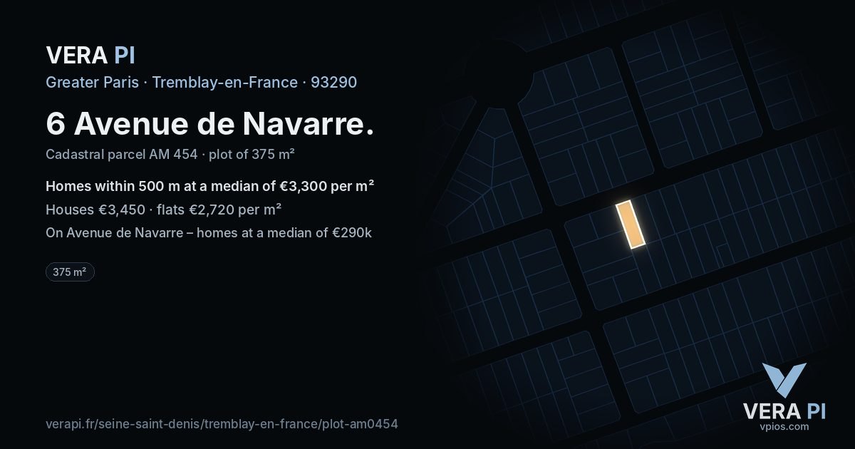 6 Avenue de Navarre, Tremblay-en-France at night – the plot lit, the parcels around coloured by the prices near them